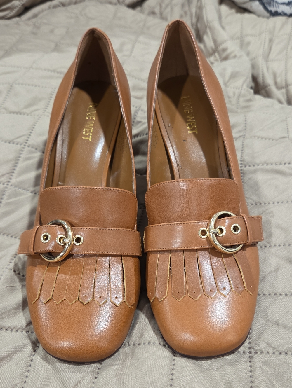Nine West Women's Tan Leather Fringe Loafers with Gold Buckle